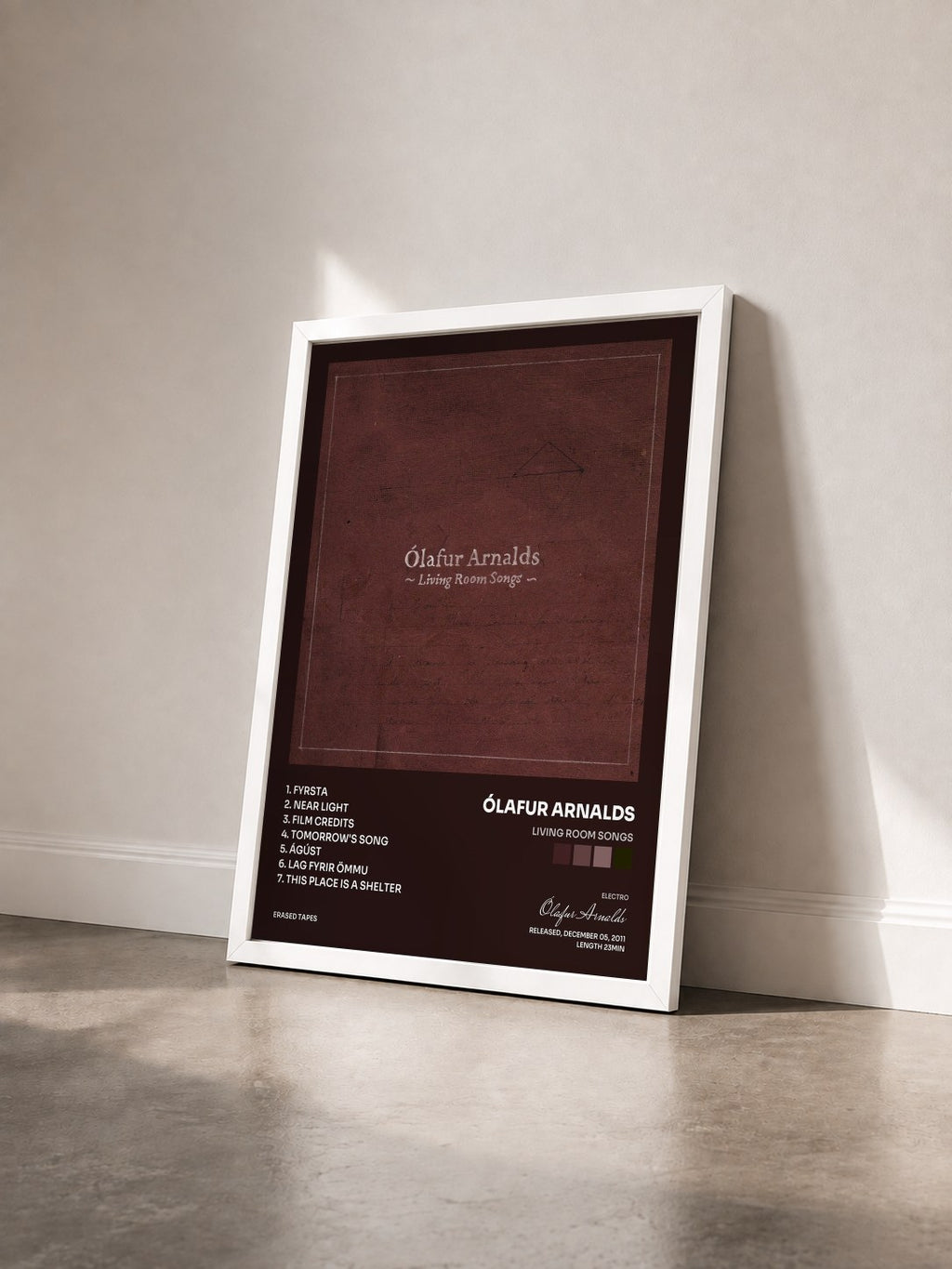 #blanc Tableau de l'album Living Room Songs de Ólafur Arnalds vu de trois quarts, cadre blanc