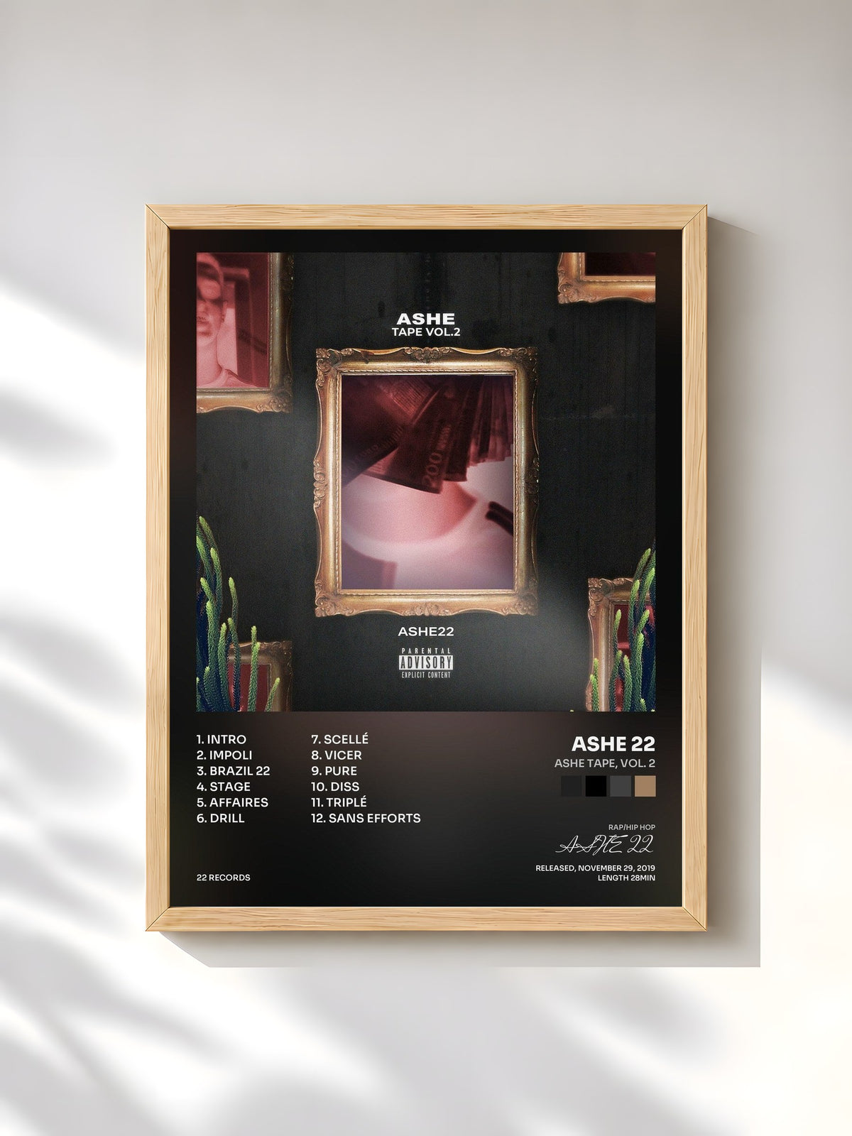 #bois Tableau de l'album Ashe Tape, Vol. 2 de ASHE 22, cadre en bois brut, imprimé et encadré en France
