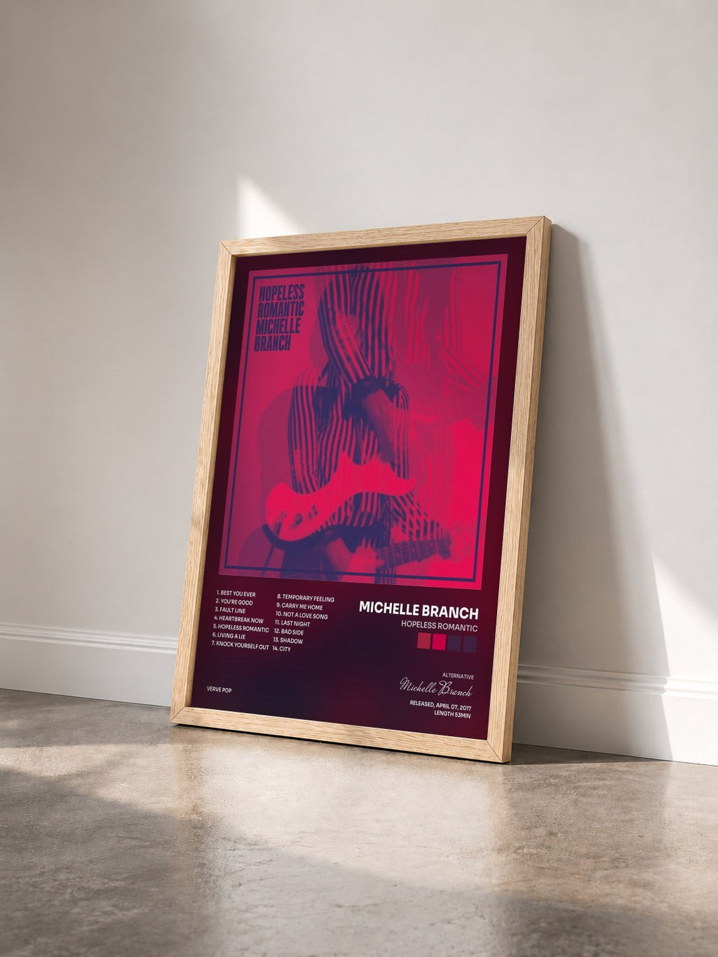 #bois Tableau de l'album Hopeless Romantic de Michelle Branch vu de trois quarts, cadre en bois brut
