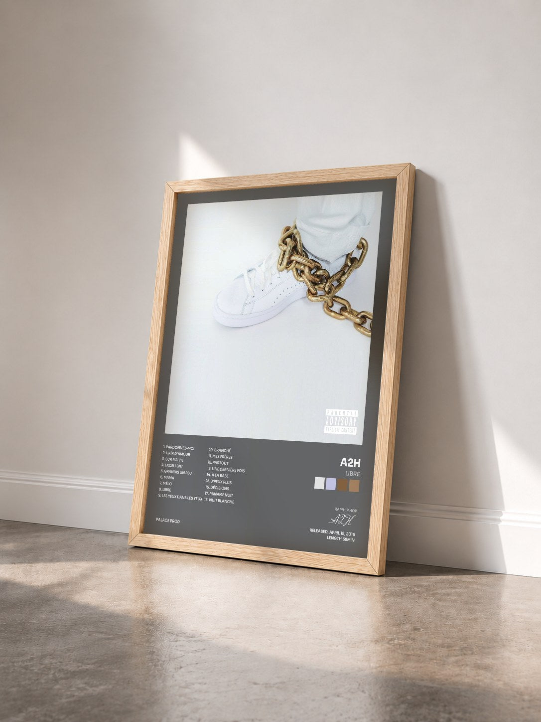 #bois Tableau de l'album Libre de A2H vu de trois quarts, cadre en bois brut