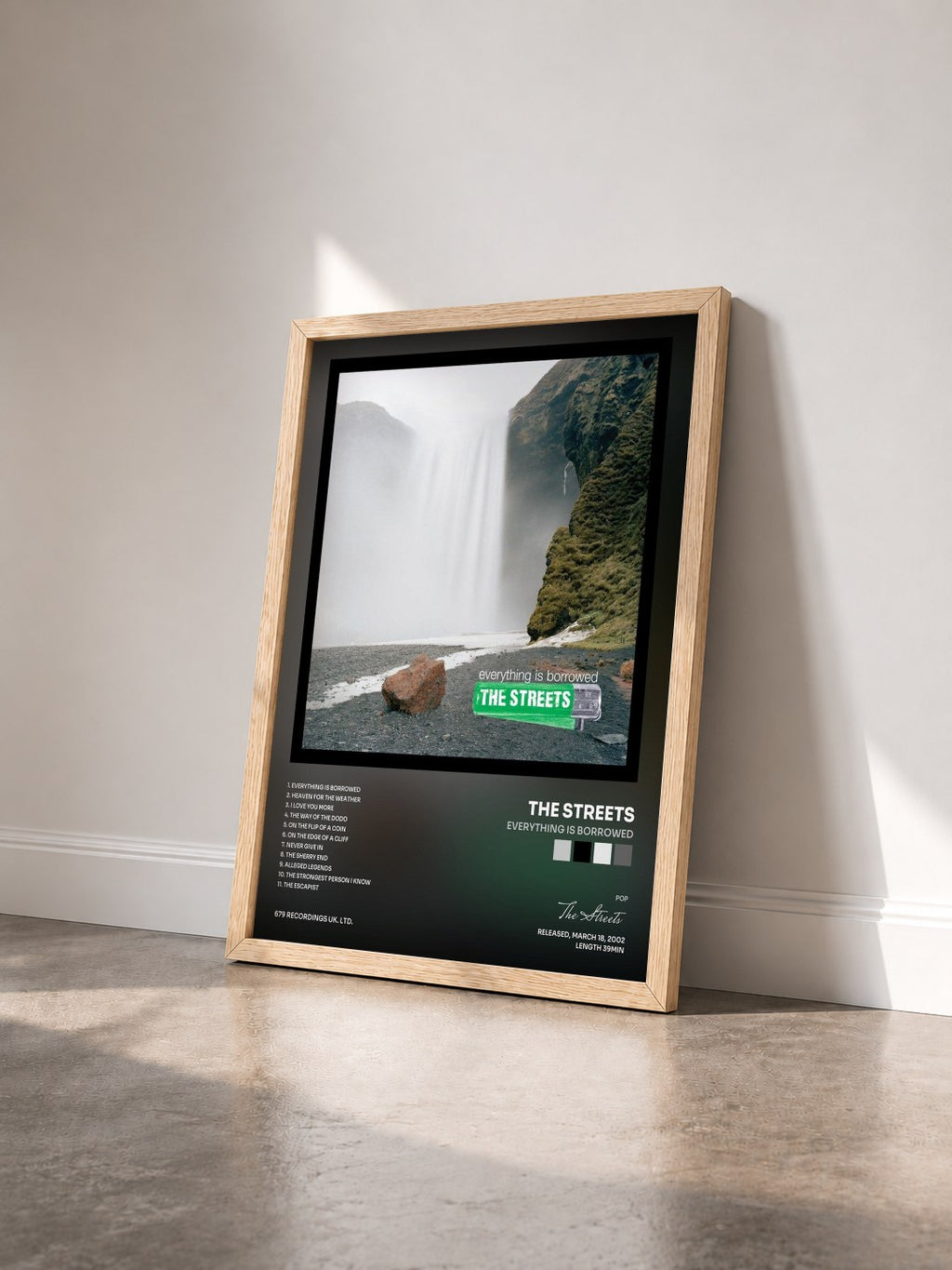 #bois Tableau de l'album Everything Is Borrowed de The Streets vu de trois quarts, cadre en bois brut