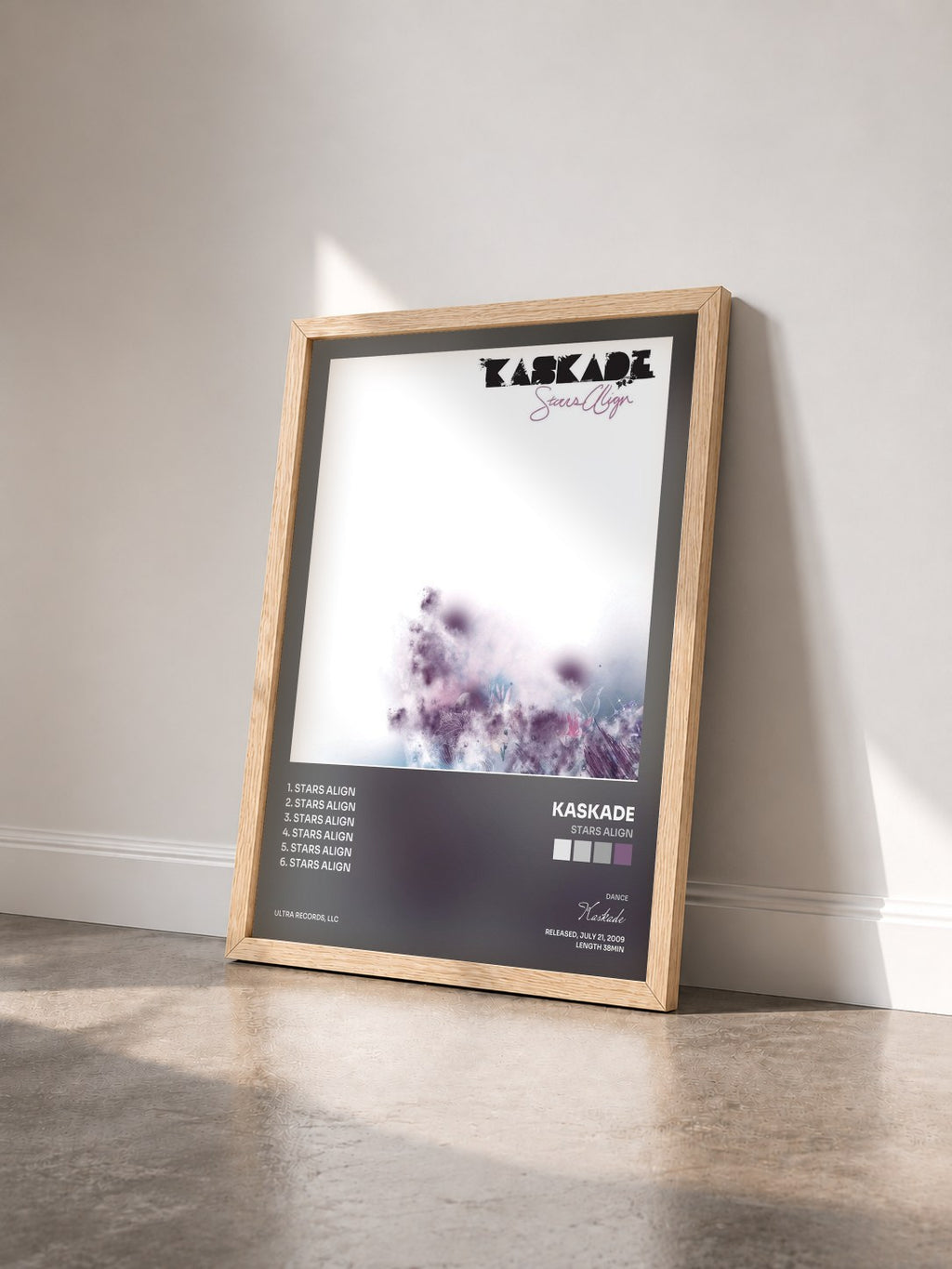 #bois Tableau de l'album Stars Align de Kaskade vu de trois quarts, cadre en bois brut