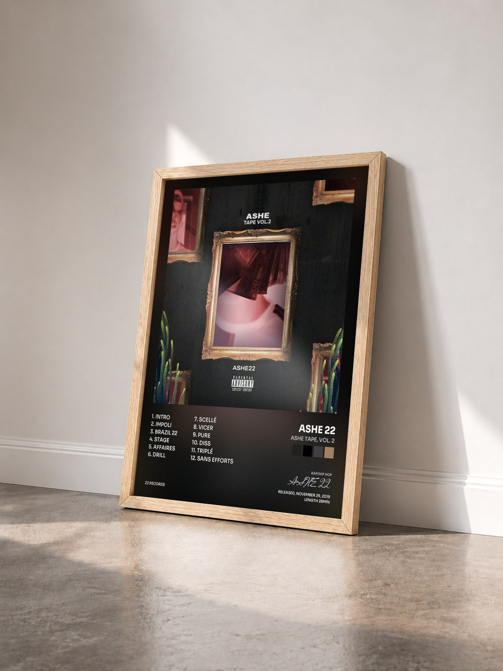 #bois Tableau de l'album Ashe Tape, Vol. 2 de ASHE 22 vu de trois quarts, cadre en bois brut