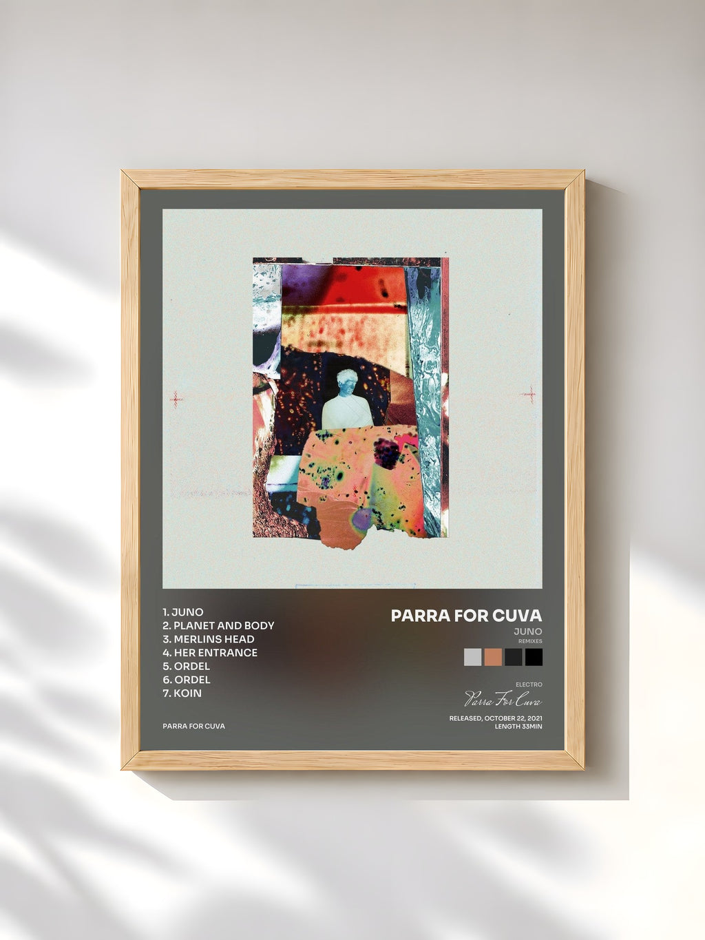 #bois Tableau de l'album Juno (Remixes) de Parra For Cuva, cadre en bois brut, imprimé et encadré en France