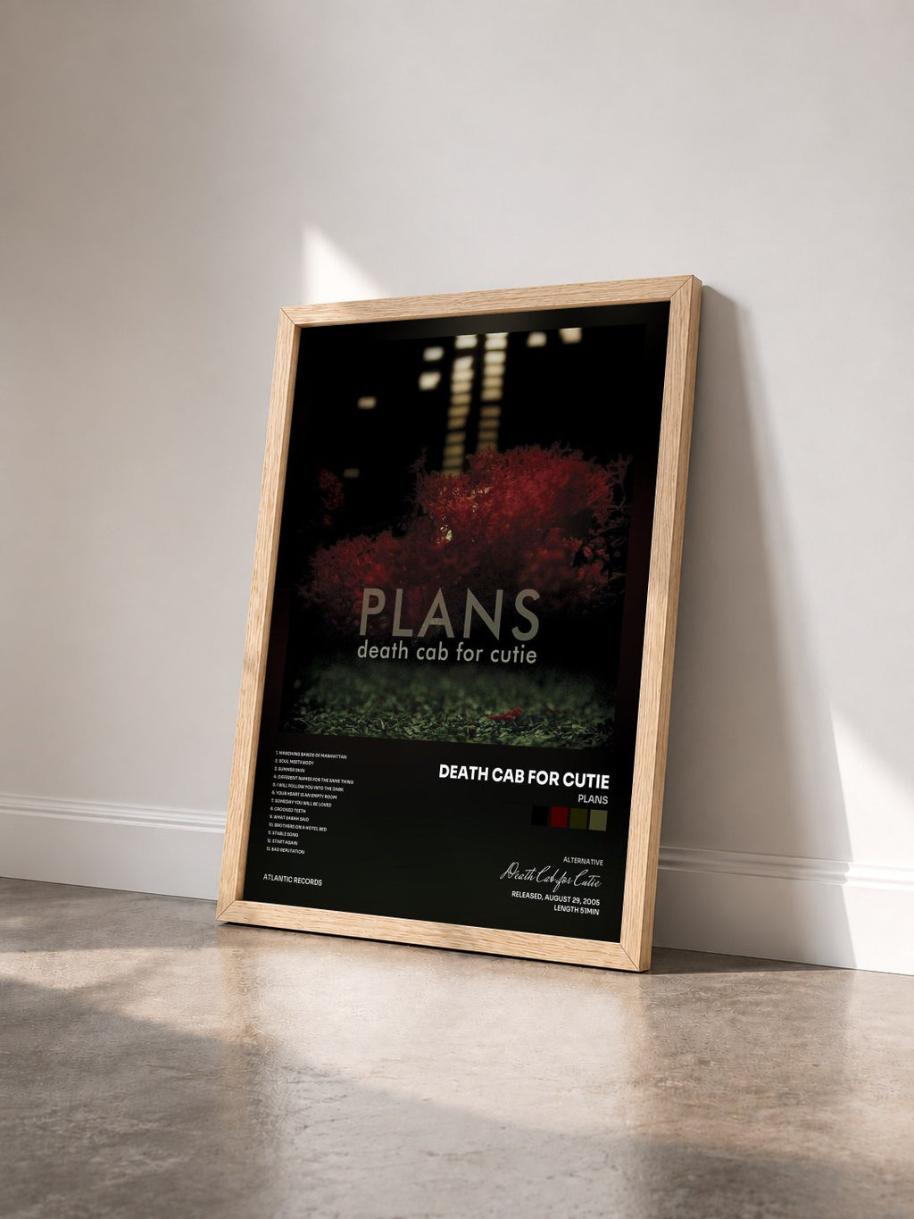#bois Tableau de l'album Plans de Death Cab for Cutie vu de trois quarts, cadre en bois brut
