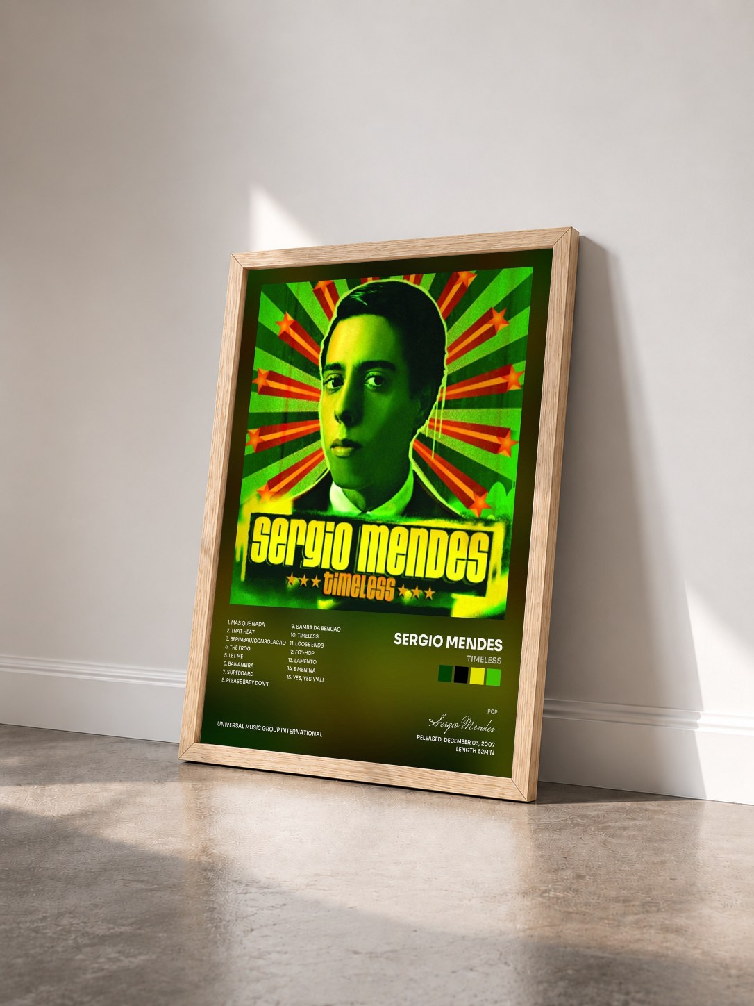 #bois Tableau de l'album Timeless de Sergio Mendes vu de trois quarts, cadre en bois brut