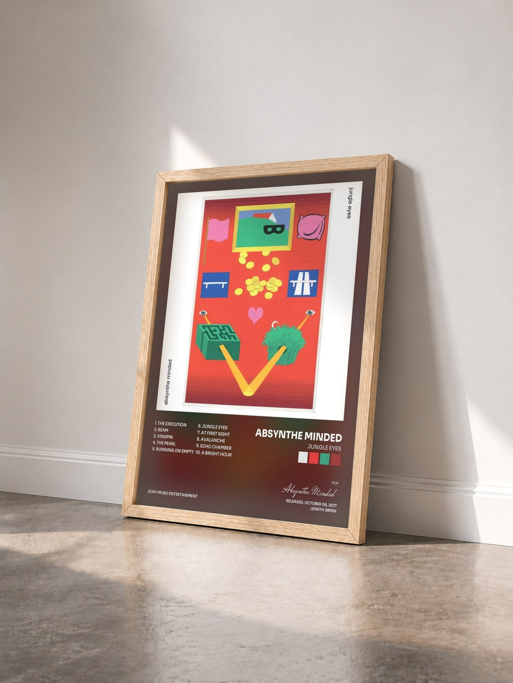 #bois Tableau de l'album Jungle Eyes de Absynthe Minded vu de trois quarts, cadre en bois brut