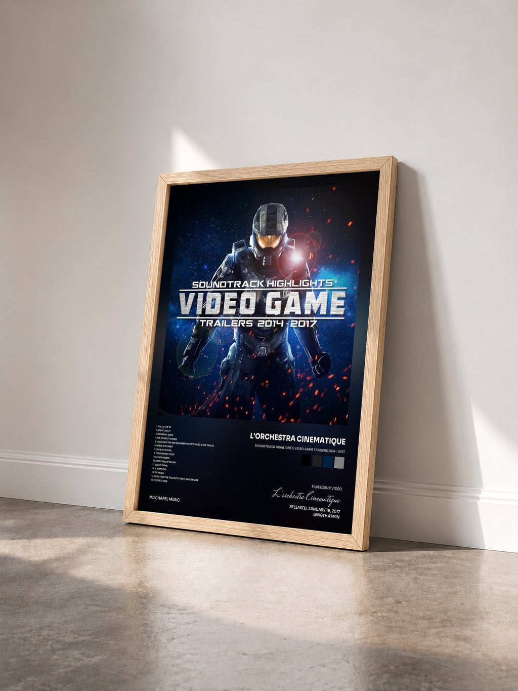 #bois Tableau de l'album Soundtrack Highlights: Video Game Trailers 2014 - 2017 de L'orchestra Cinematique vu de trois quarts, cadre en bois brut