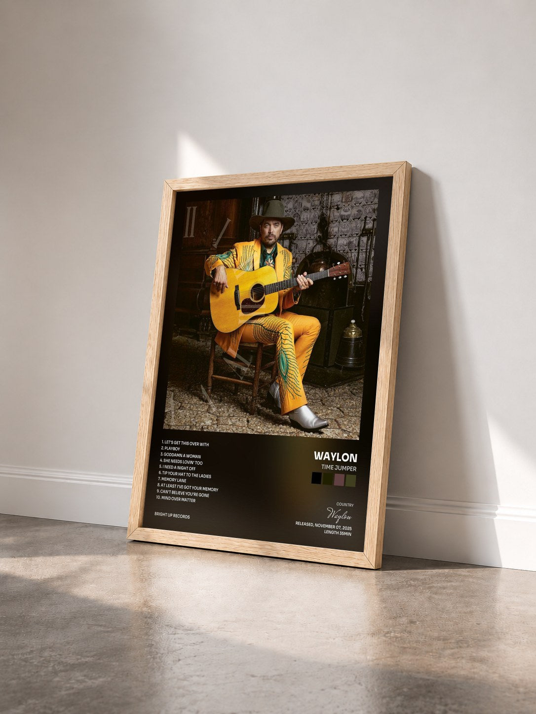 #bois Tableau de l'album Time Jumper de Waylon vu de trois quarts, cadre en bois brut