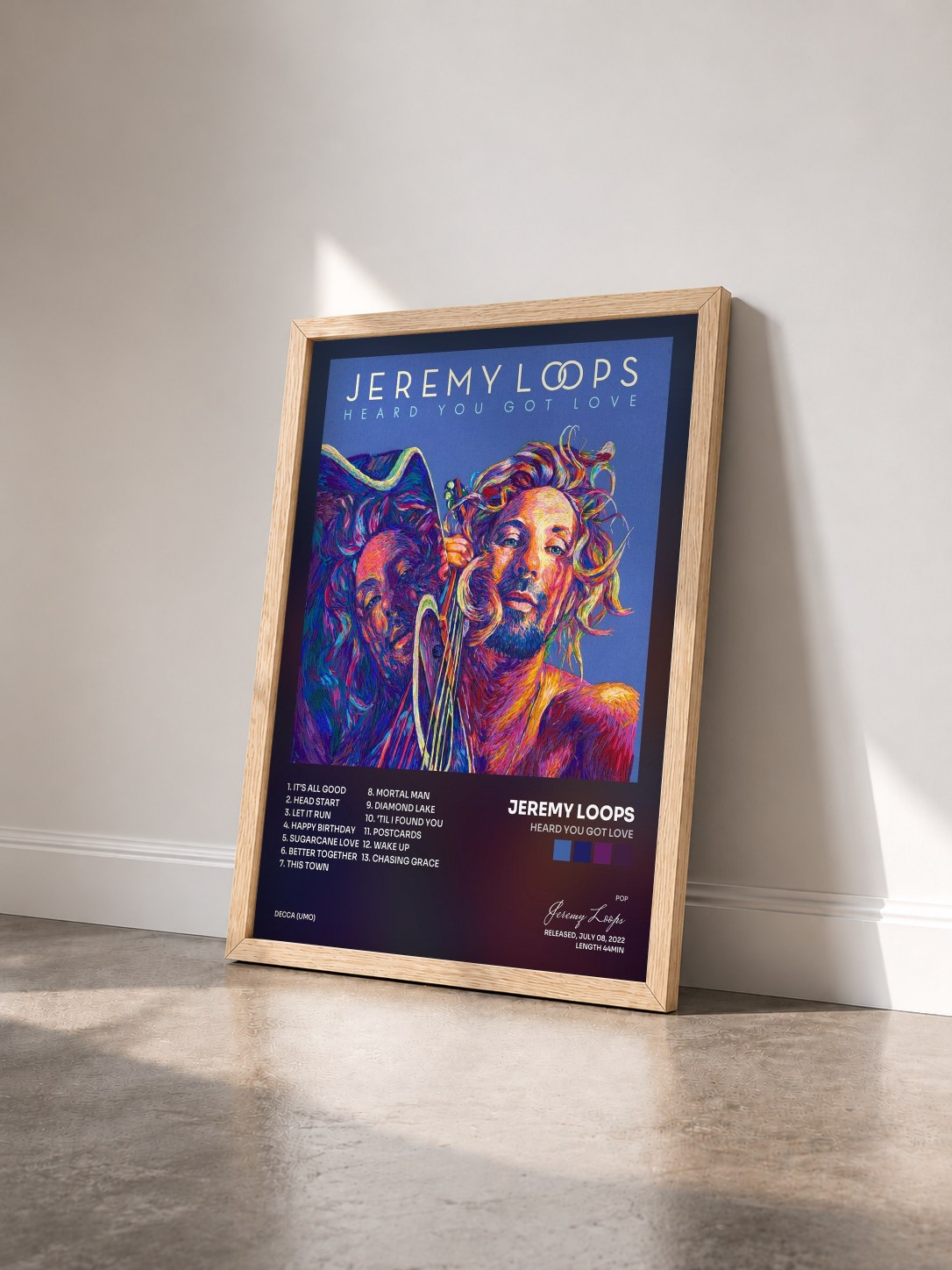#bois Tableau de l'album Heard You Got Love de Jeremy Loops vu de trois quarts, cadre en bois brut