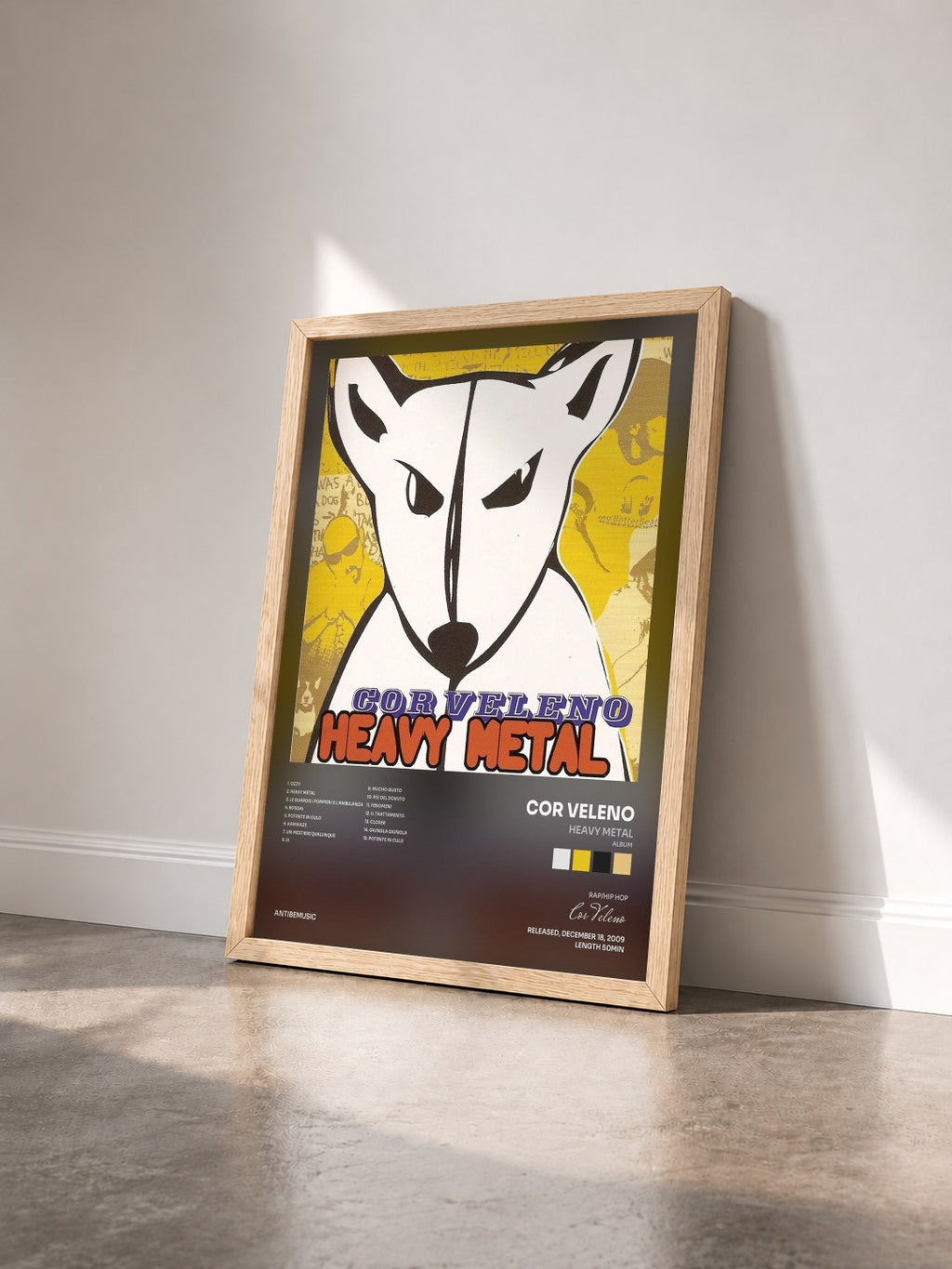 #bois Tableau de l'album Heavy Metal (Album) de Cor Veleno vu de trois quarts, cadre en bois brut