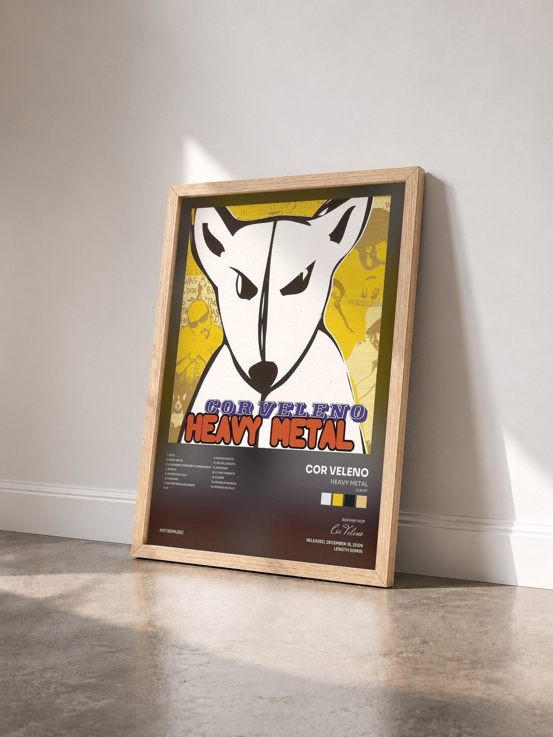 #bois Tableau de l'album Heavy Metal (Album) de Cor Veleno vu de trois quarts, cadre en bois brut