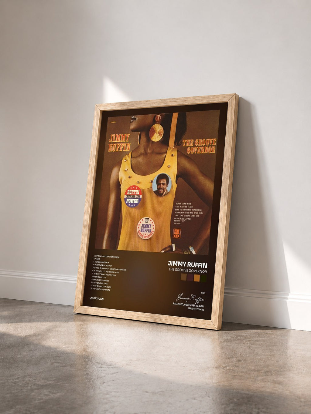 #bois Tableau de l'album The Groove Governor de Jimmy Ruffin vu de trois quarts, cadre en bois brut