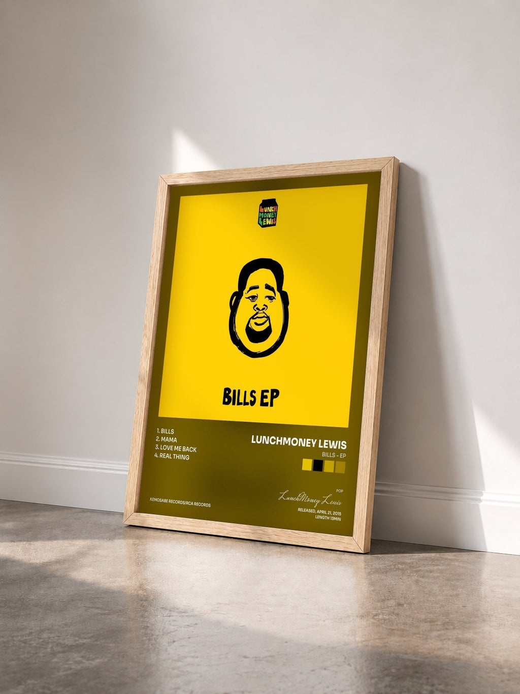 #bois Tableau de l'album Bills - EP de LunchMoney Lewis vu de trois quarts, cadre en bois brut