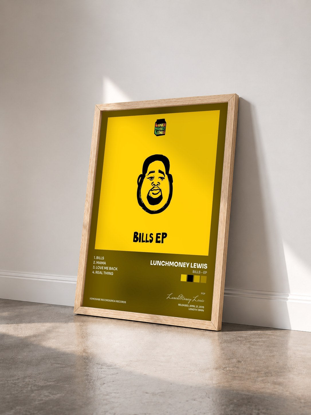 #bois Tableau de l'album Bills - EP de LunchMoney Lewis vu de trois quarts, cadre en bois brut
