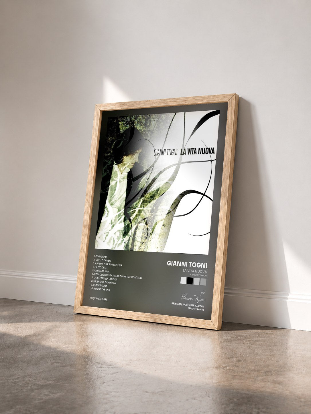 #bois Tableau de l'album La vita nuova (Booklet Version) de Gianni Togni vu de trois quarts, cadre en bois brut