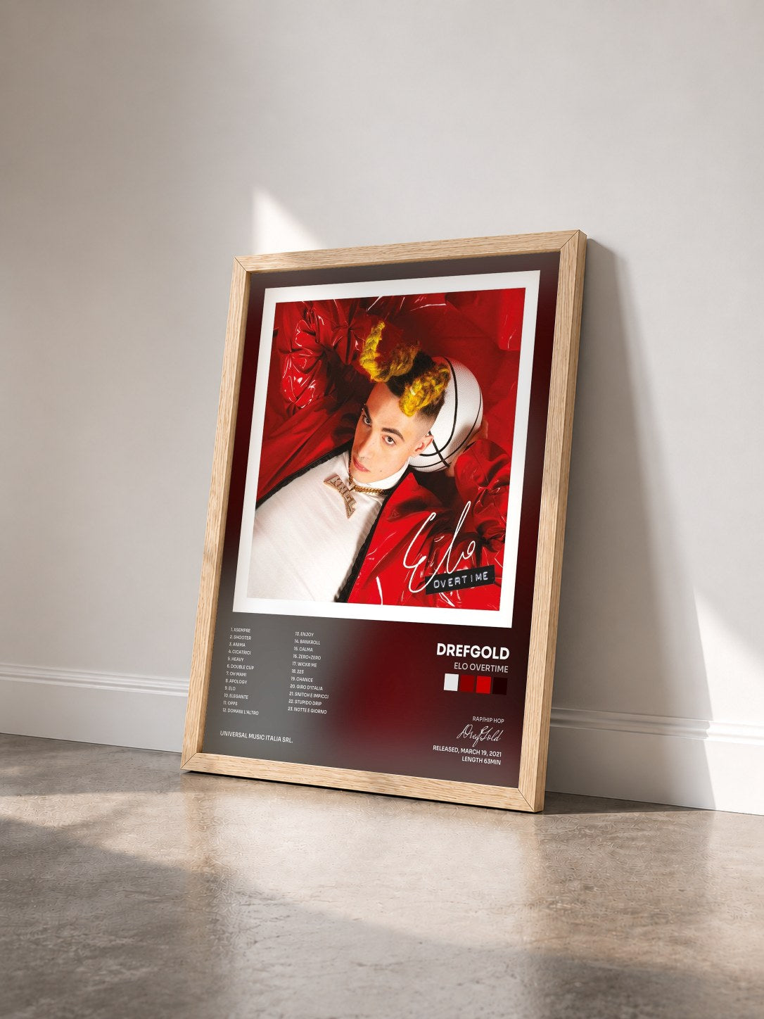 #bois Tableau de l'album ELO OVERTIME de DrefGold vu de trois quarts, cadre en bois brut