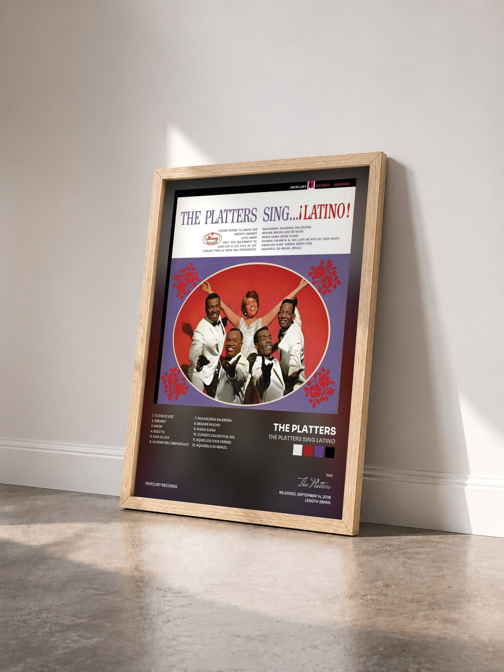 #bois Tableau de l'album The Platters Sing Latino de The Platters vu de trois quarts, cadre en bois brut