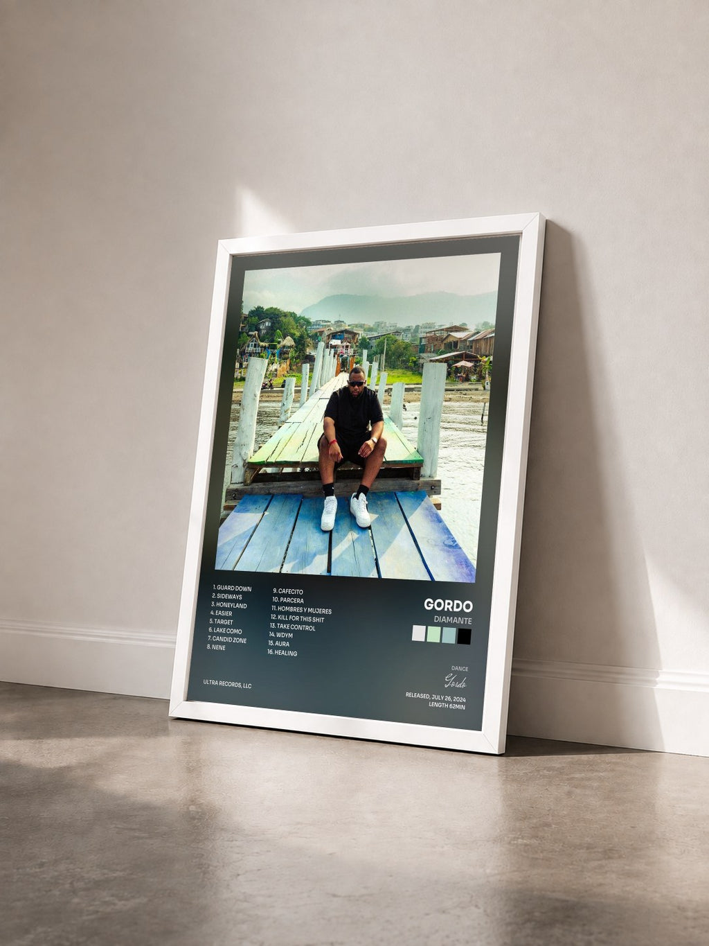 #blanc Tableau de l'album DIAMANTE de Gordo vu de trois quarts, cadre blanc