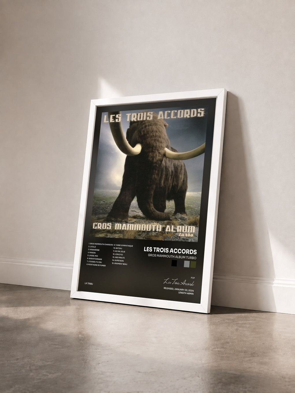 #blanc Tableau de l'album Gros mammouth album turbo de Les Trois Accords vu de trois quarts, cadre blanc