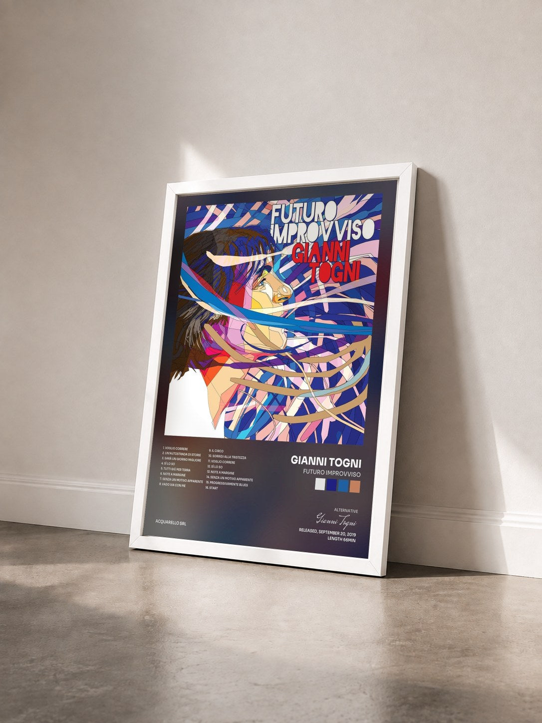 #blanc Tableau de l'album Futuro improvviso de Gianni Togni vu de trois quarts, cadre blanc