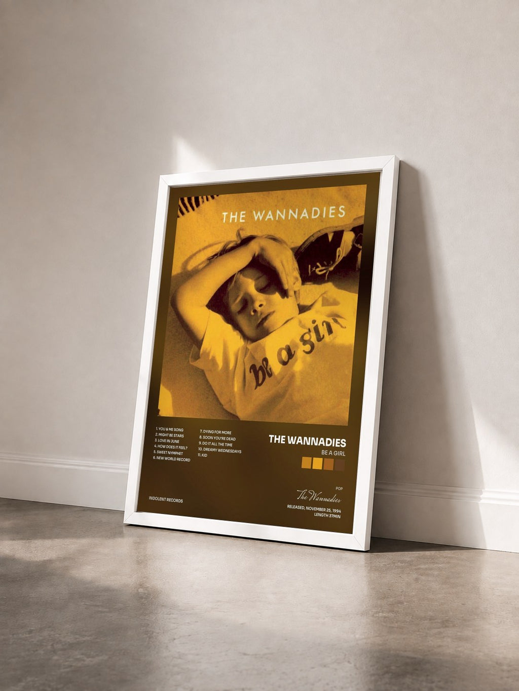 #blanc Tableau de l'album Be A Girl de The Wannadies vu de trois quarts, cadre blanc