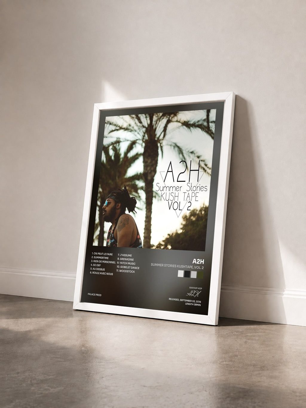 #blanc Tableau de l'album Summer Stories Kushtape, Vol. 2 de A2H vu de trois quarts, cadre blanc
