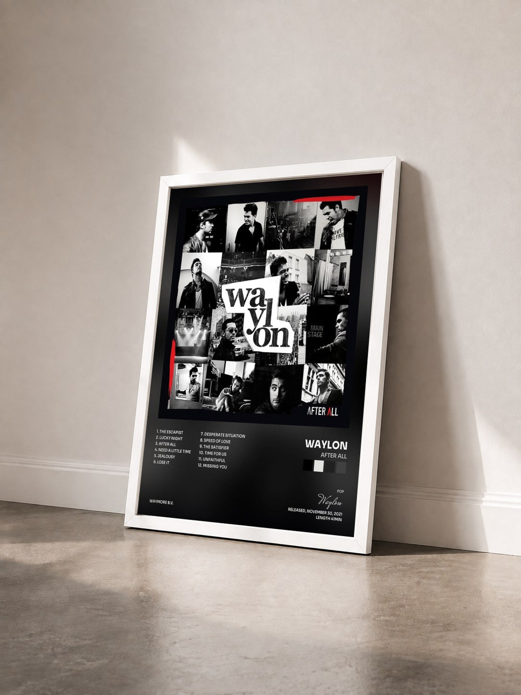 #blanc Tableau de l'album After All de Waylon vu de trois quarts, cadre blanc