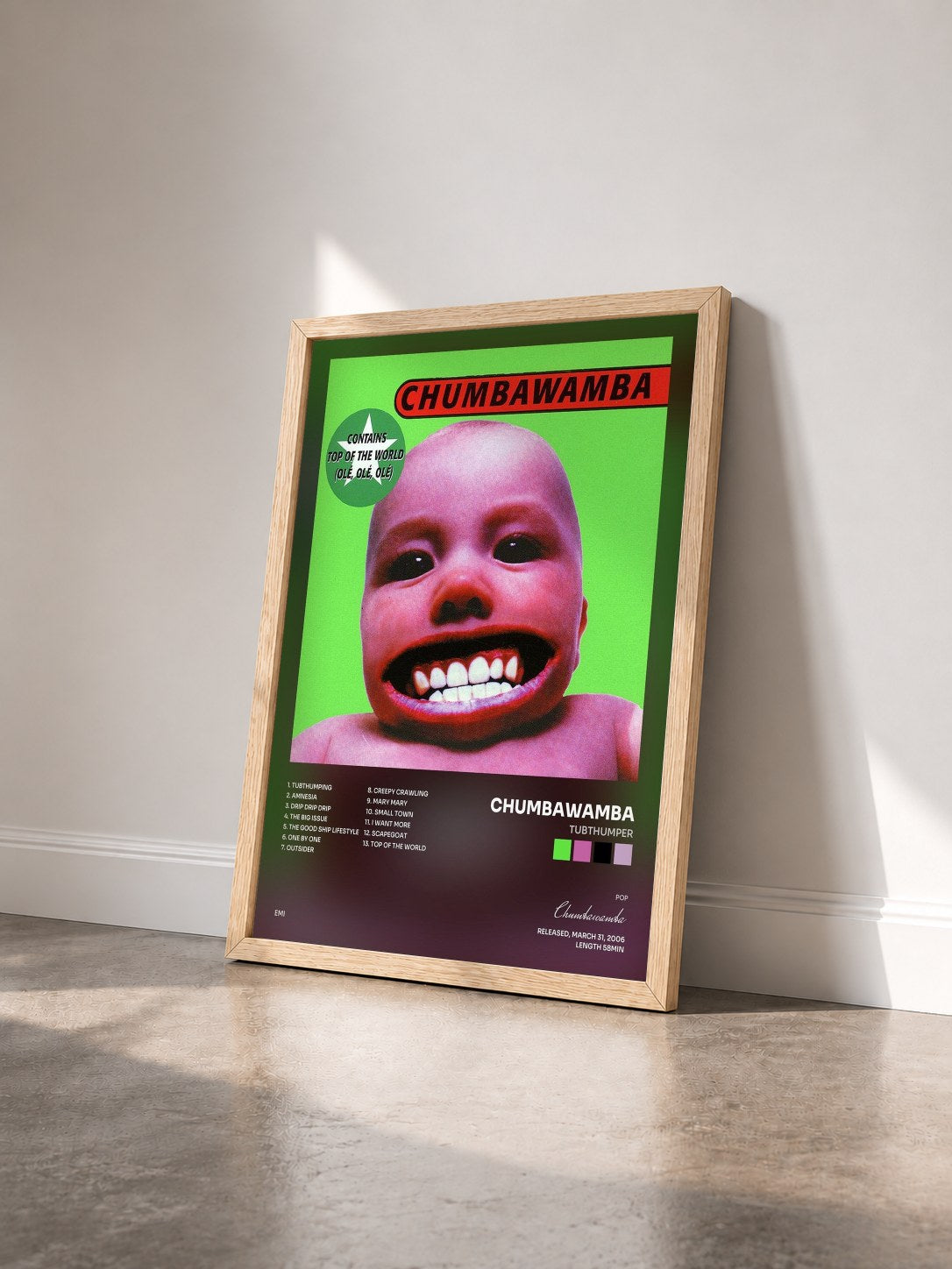 #bois Tableau de l'album Tubthumper de Chumbawamba vu de trois quarts, cadre en bois brut
