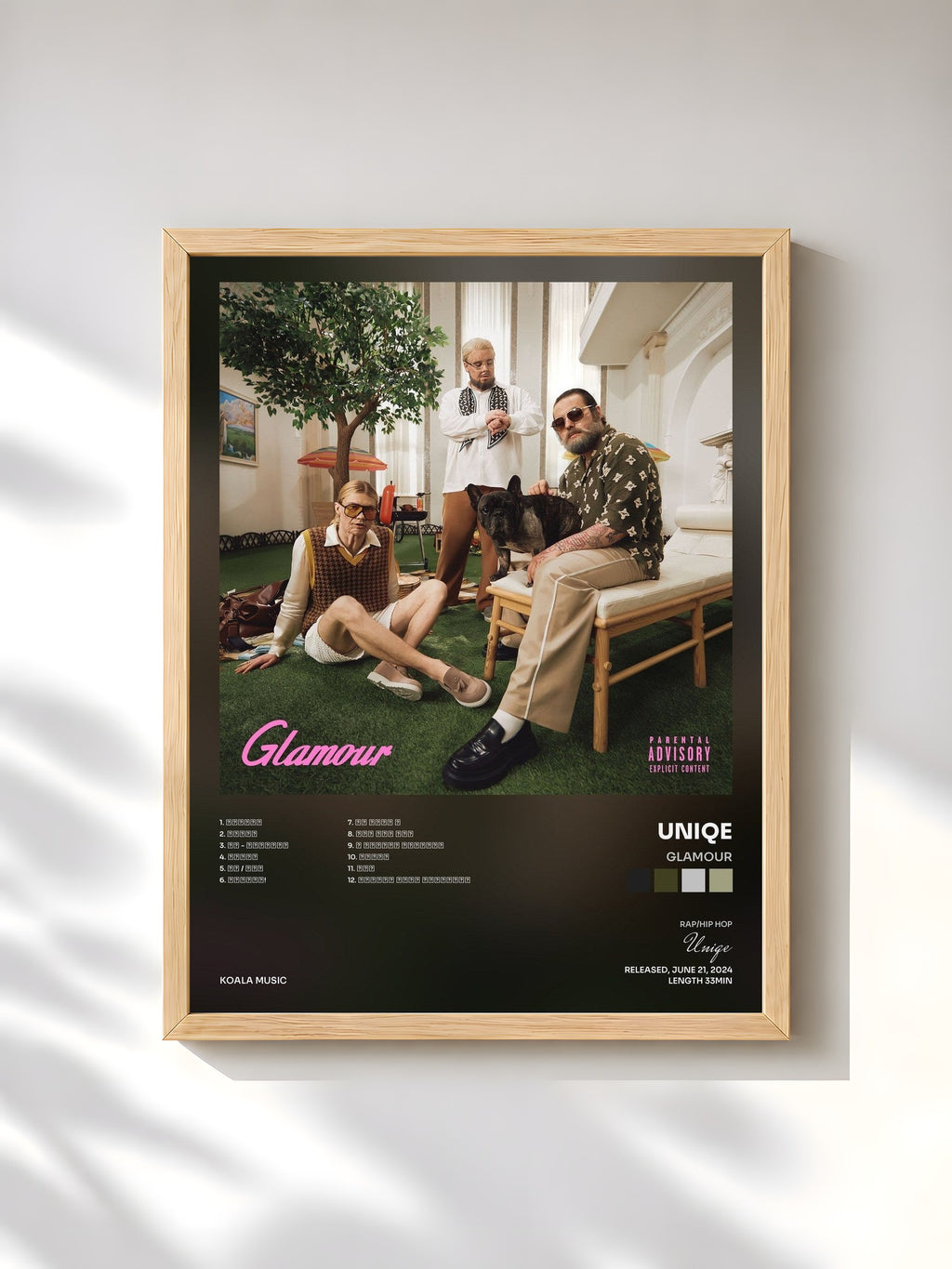 #bois Tableau de l'album GLAMOUR de Uniqe, cadre en bois brut, imprimé et encadré en France