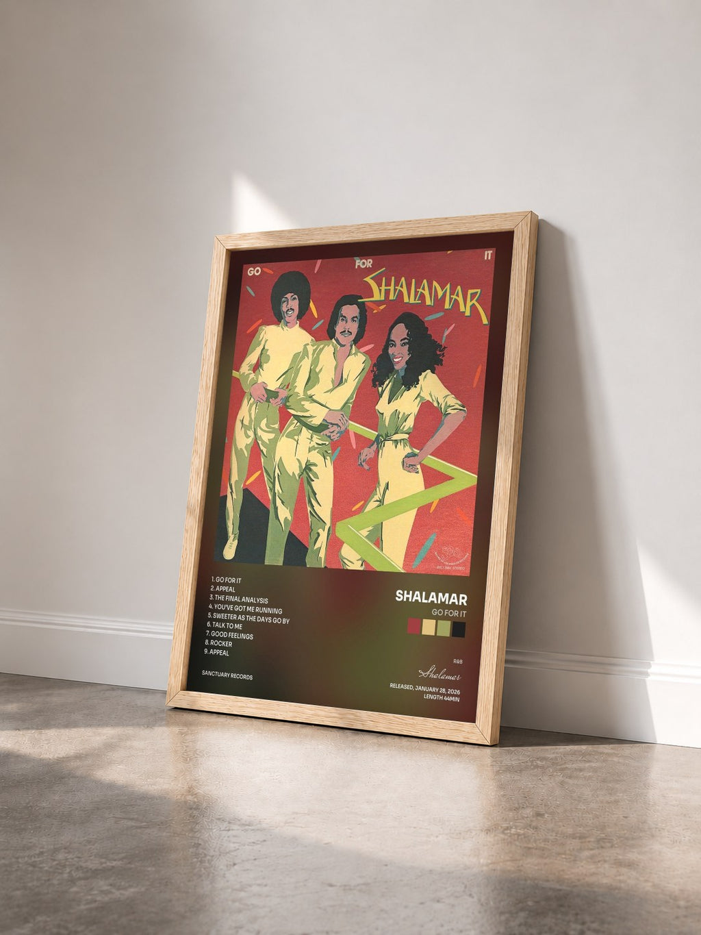 #bois Tableau de l'album Go for It de Shalamar vu de trois quarts, cadre en bois brut