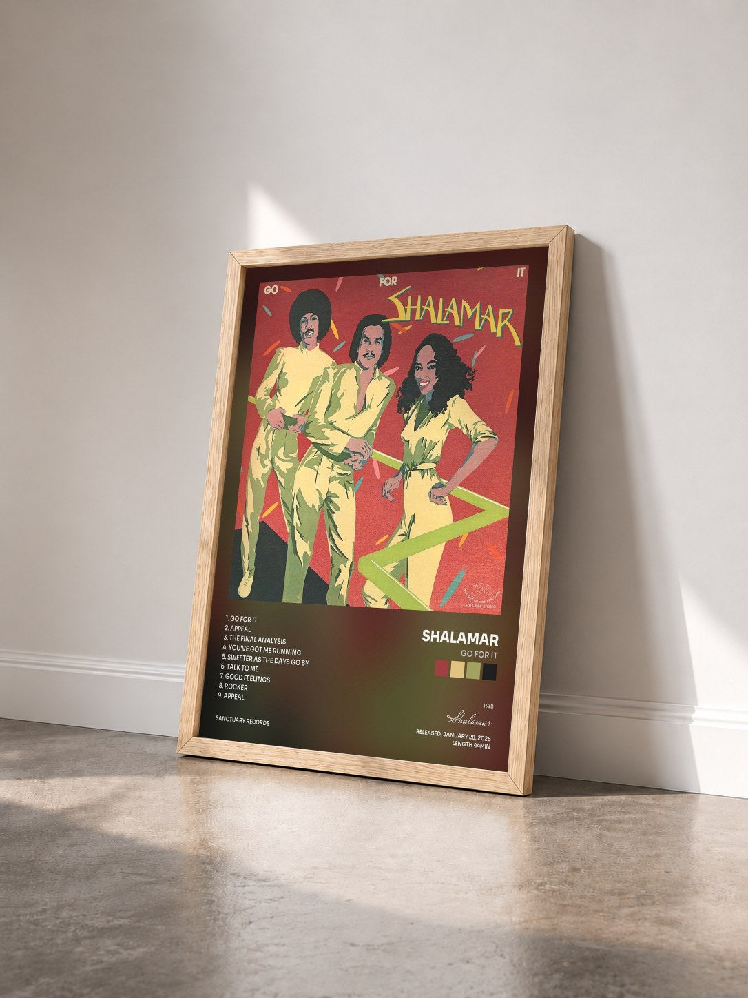#bois Tableau de l'album Go for It de Shalamar vu de trois quarts, cadre en bois brut