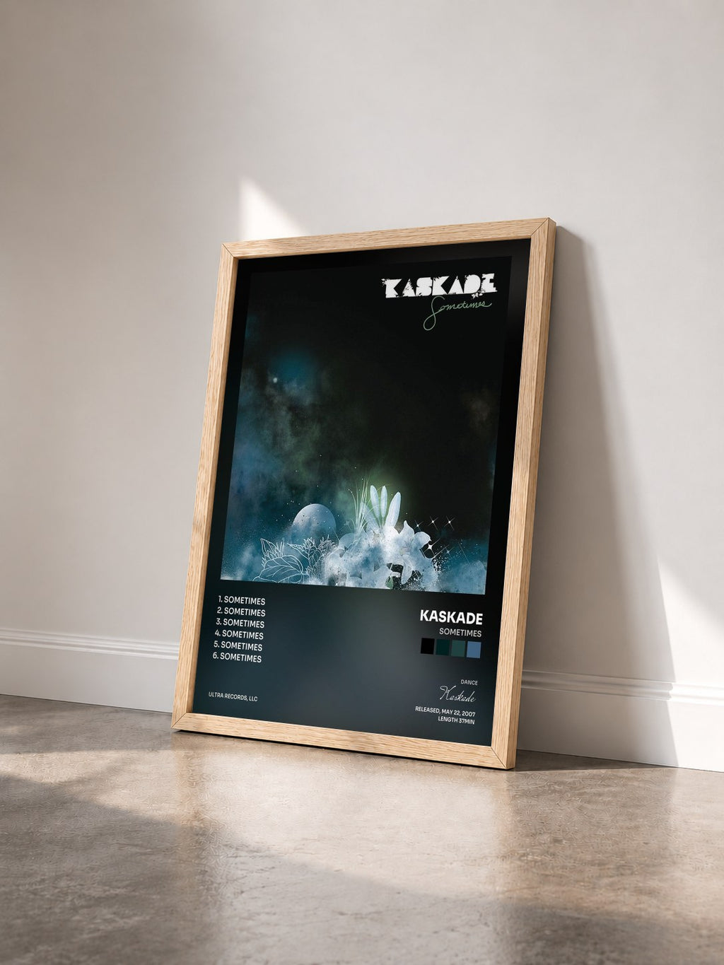 #bois Tableau de l'album Sometimes de Kaskade vu de trois quarts, cadre en bois brut