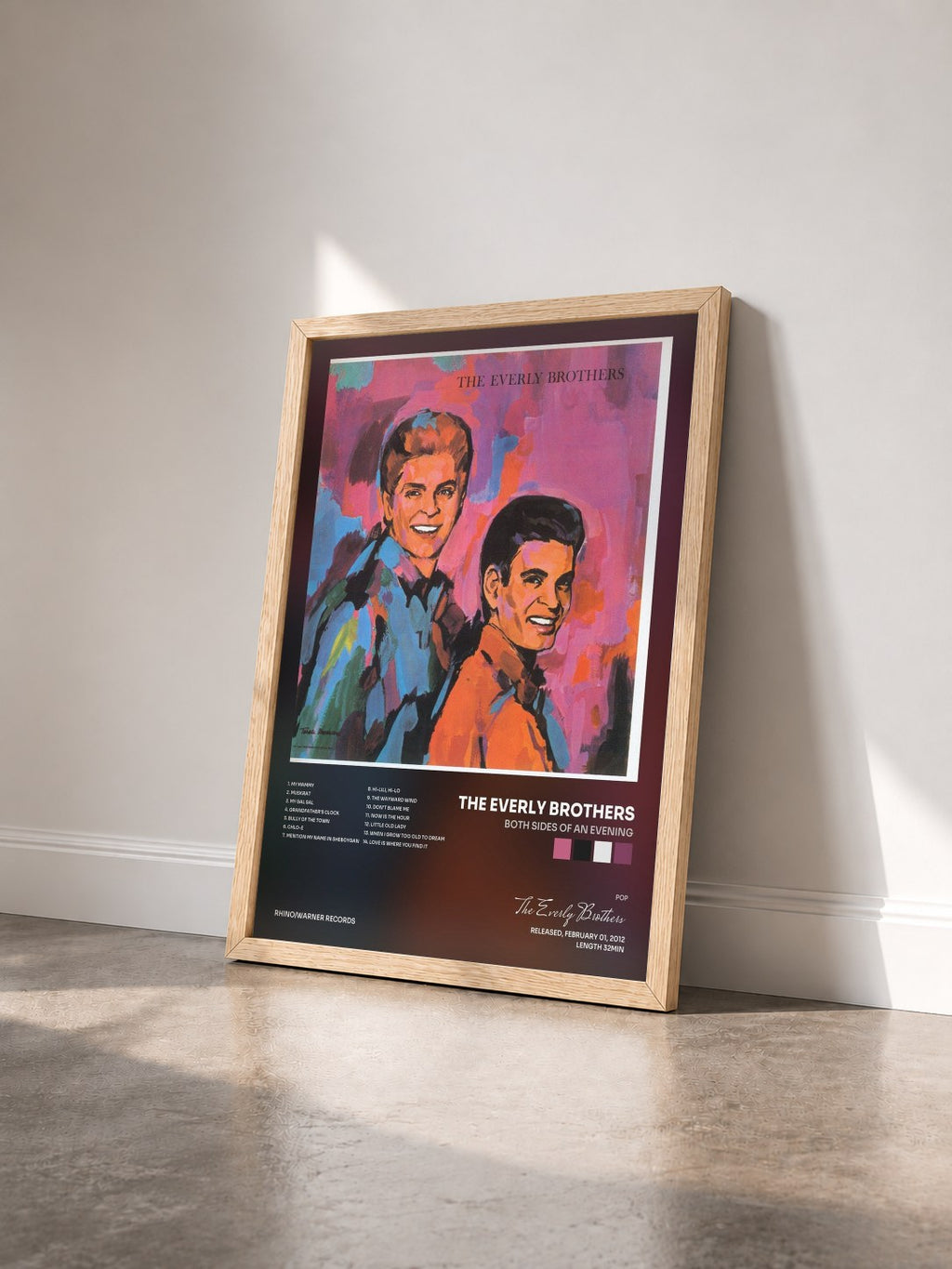 #bois Tableau de l'album Both Sides of an Evening de The Everly Brothers vu de trois quarts, cadre en bois brut