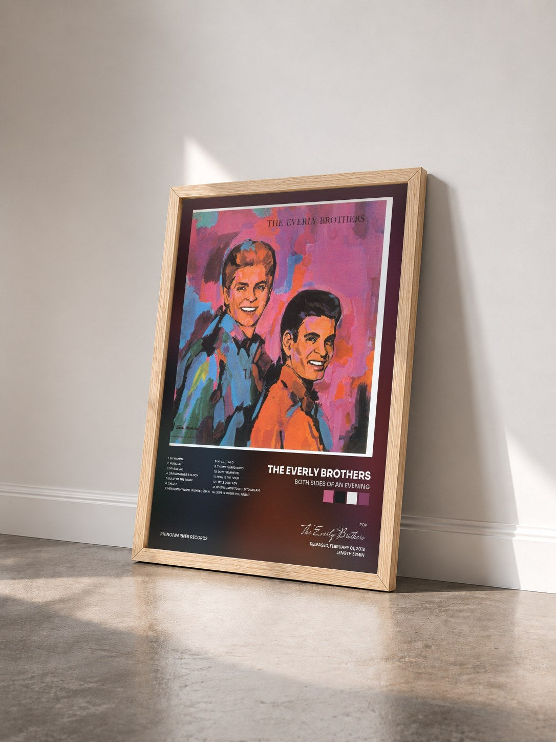 #bois Tableau de l'album Both Sides of an Evening de The Everly Brothers vu de trois quarts, cadre en bois brut