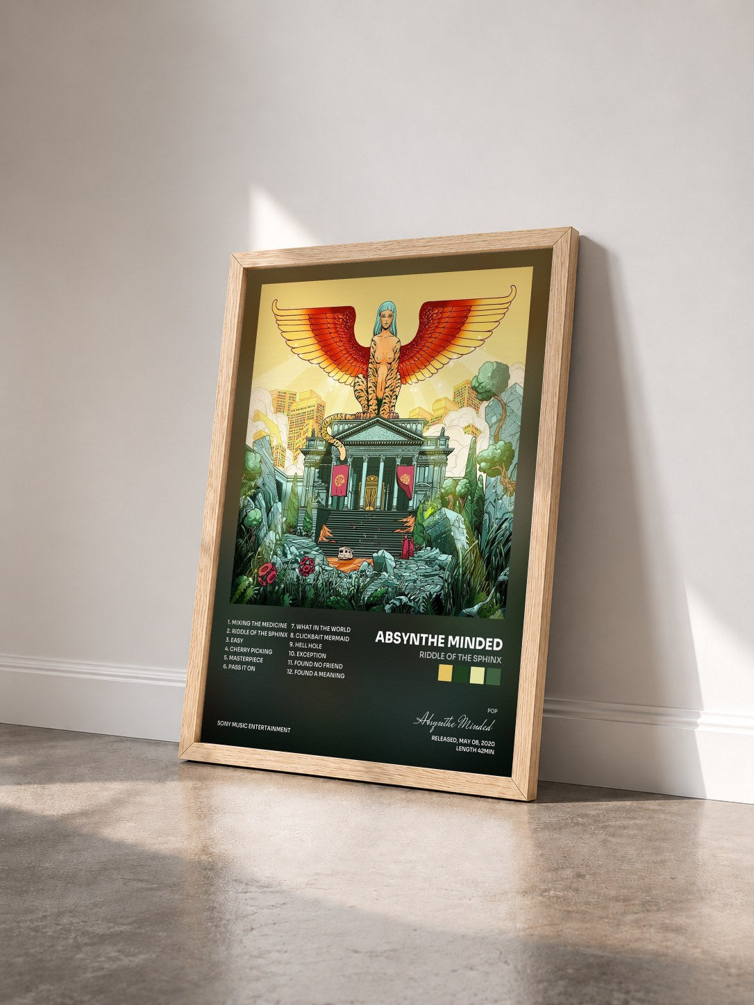 #bois Tableau de l'album Riddle of the Sphinx de Absynthe Minded vu de trois quarts, cadre en bois brut
