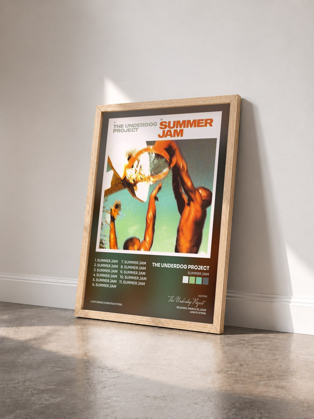 #bois Tableau de l'album Summer Jam de The Underdog Project vu de trois quarts, cadre en bois brut