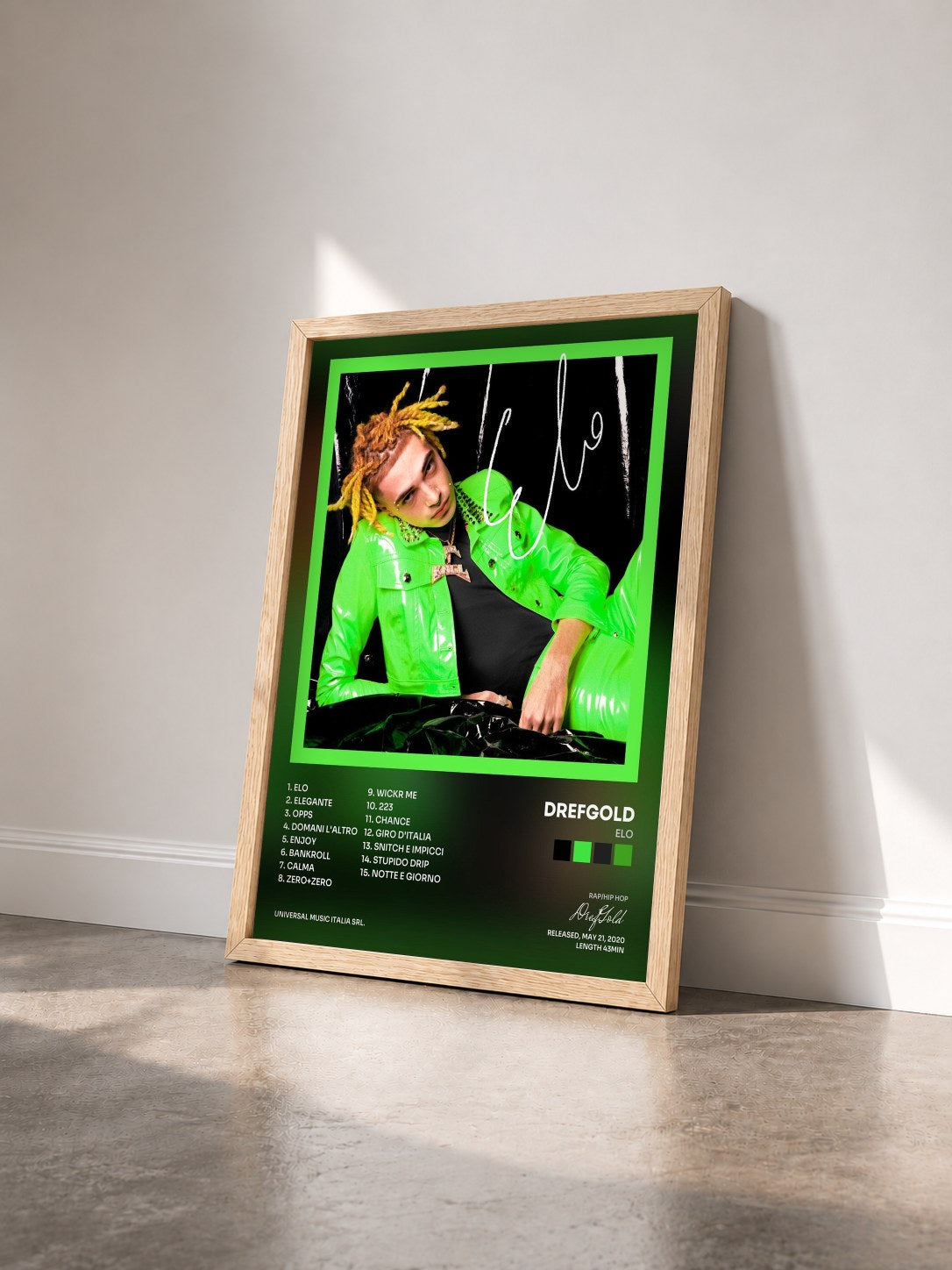 #bois Tableau de l'album ELO de DrefGold vu de trois quarts, cadre en bois brut