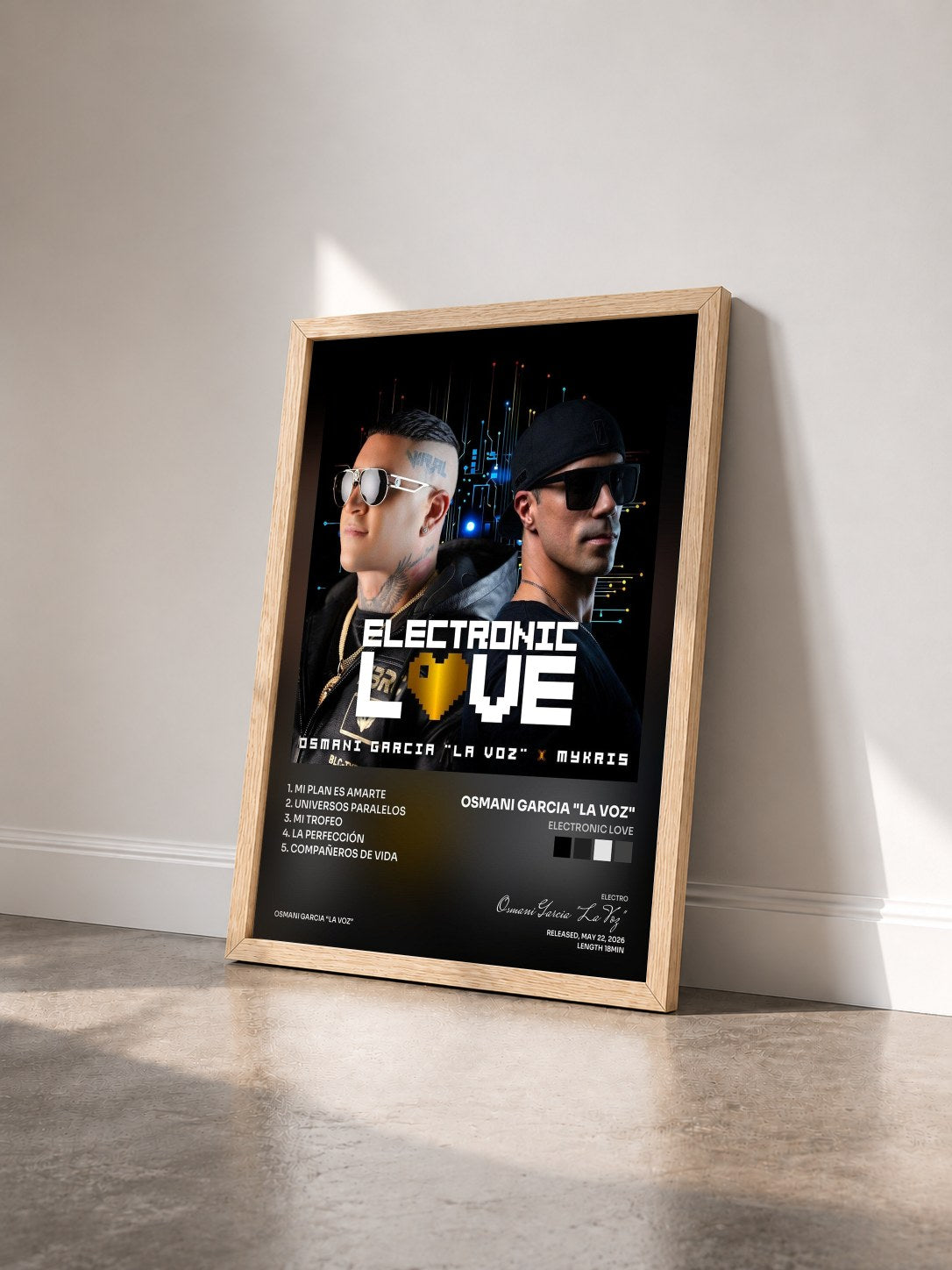 #bois Tableau de l'album Electronic Love de Osmani Garcia "La Voz" vu de trois quarts, cadre en bois brut