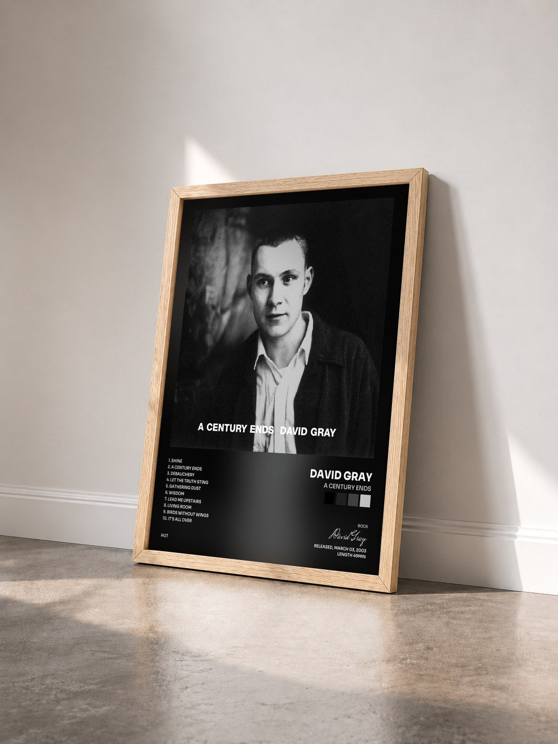 #bois Tableau de l'album A Century Ends de David Gray vu de trois quarts, cadre en bois brut