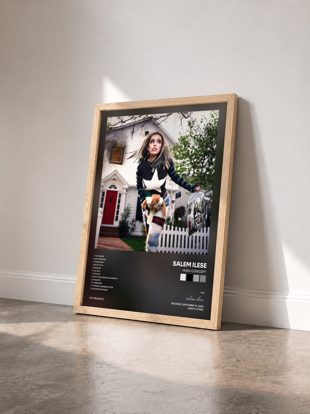 #bois Tableau de l'album High Concept de salem ilese vu de trois quarts, cadre en bois brut