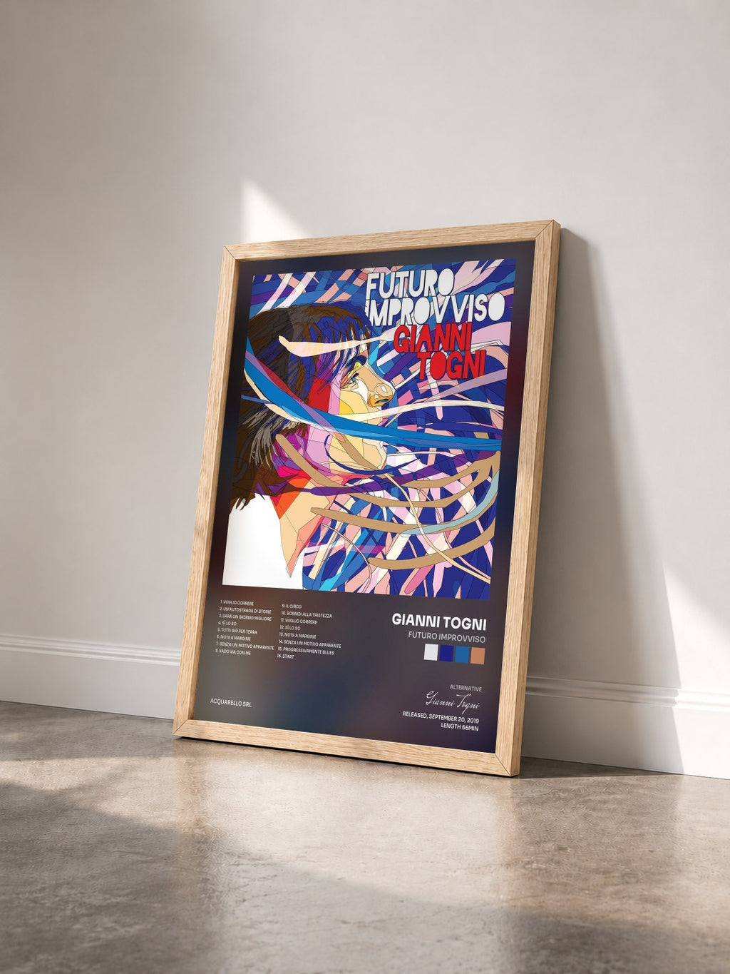 #bois Tableau de l'album Futuro improvviso de Gianni Togni vu de trois quarts, cadre en bois brut