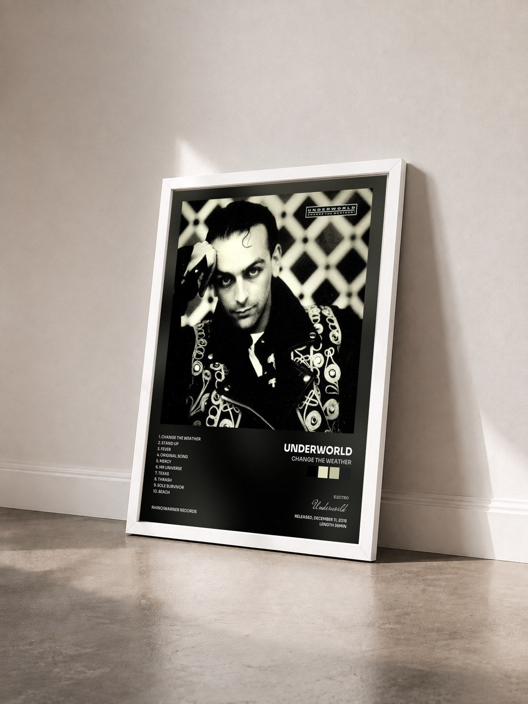 #blanc Tableau de l'album Change The Weather de Underworld vu de trois quarts, cadre blanc