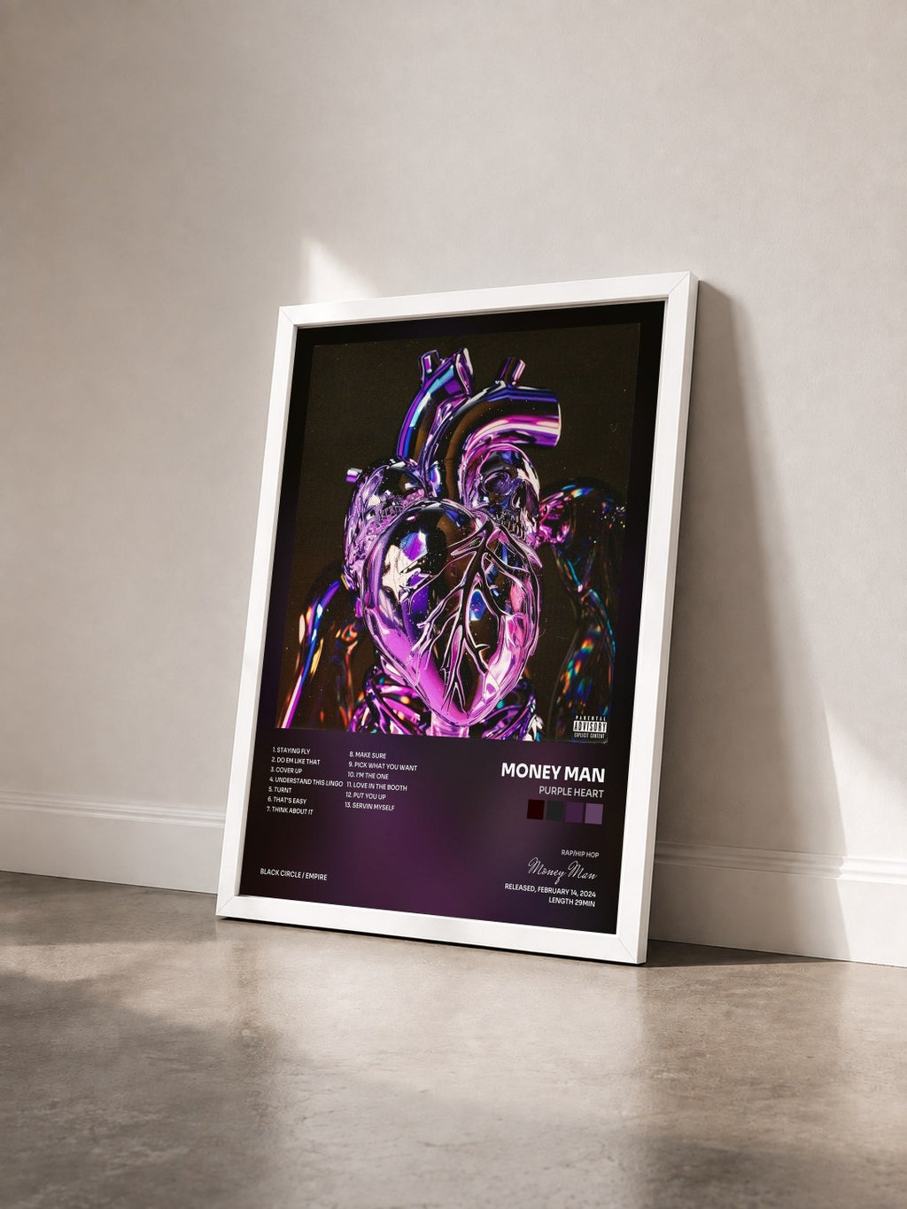 #blanc Tableau de l'album Purple Heart de Money Man vu de trois quarts, cadre blanc