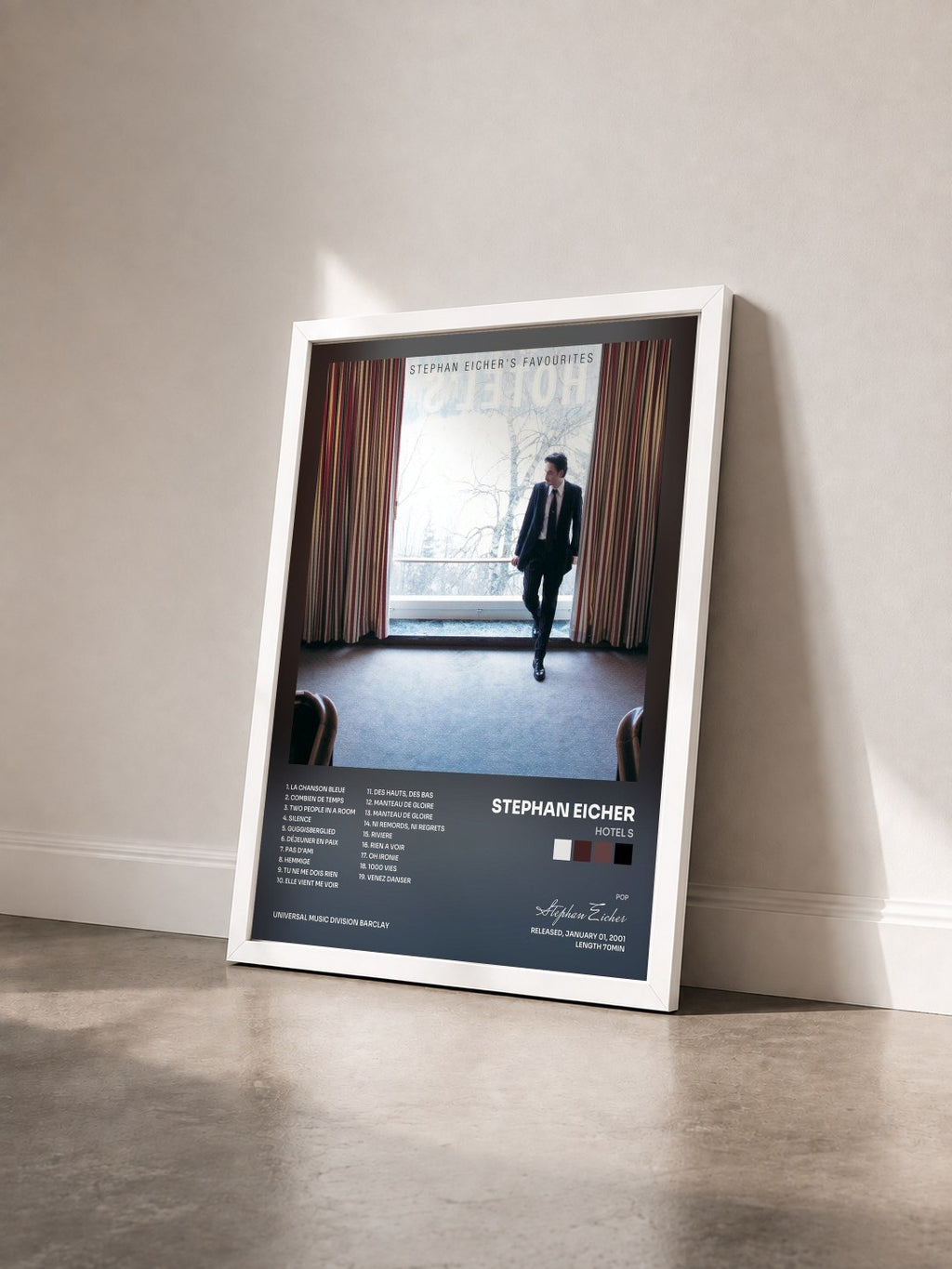 #blanc Tableau de l'album Hotel S de Stephan Eicher vu de trois quarts, cadre blanc
