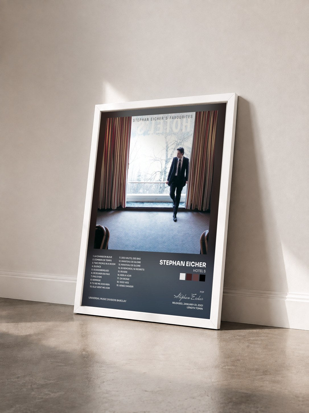 #blanc Tableau de l'album Hotel S de Stephan Eicher vu de trois quarts, cadre blanc