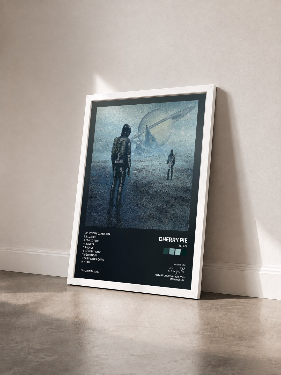 #blanc Tableau de l'album TITAN de Cherry Pie vu de trois quarts, cadre blanc