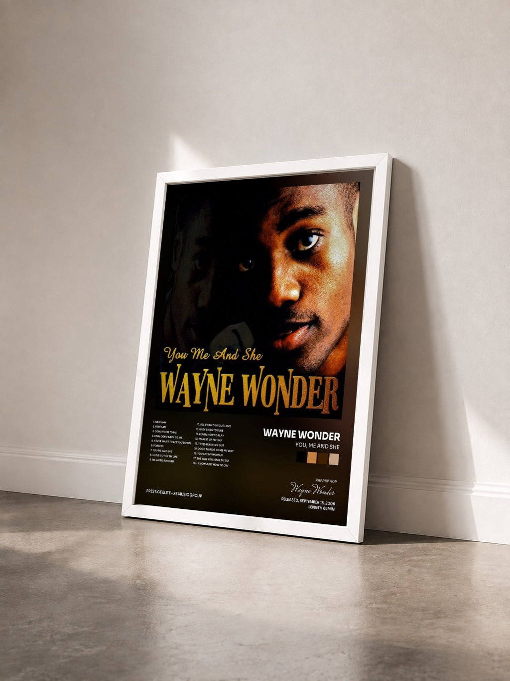 #blanc Tableau de l'album You, Me And She de Wayne Wonder vu de trois quarts, cadre blanc
