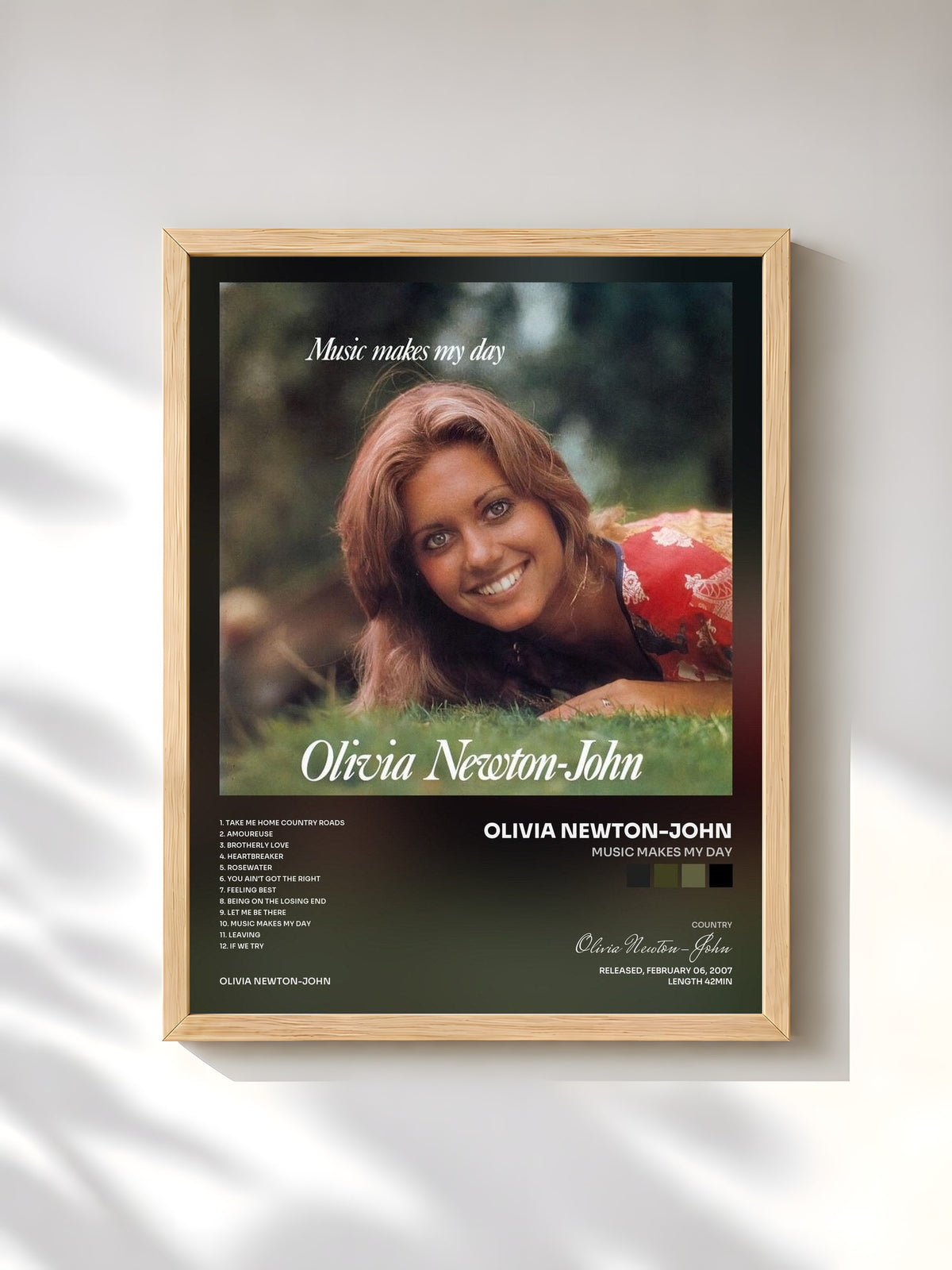 #bois Tableau de l'album Music Makes My Day de Olivia Newton-John, cadre en bois brut, imprimé et encadré en France