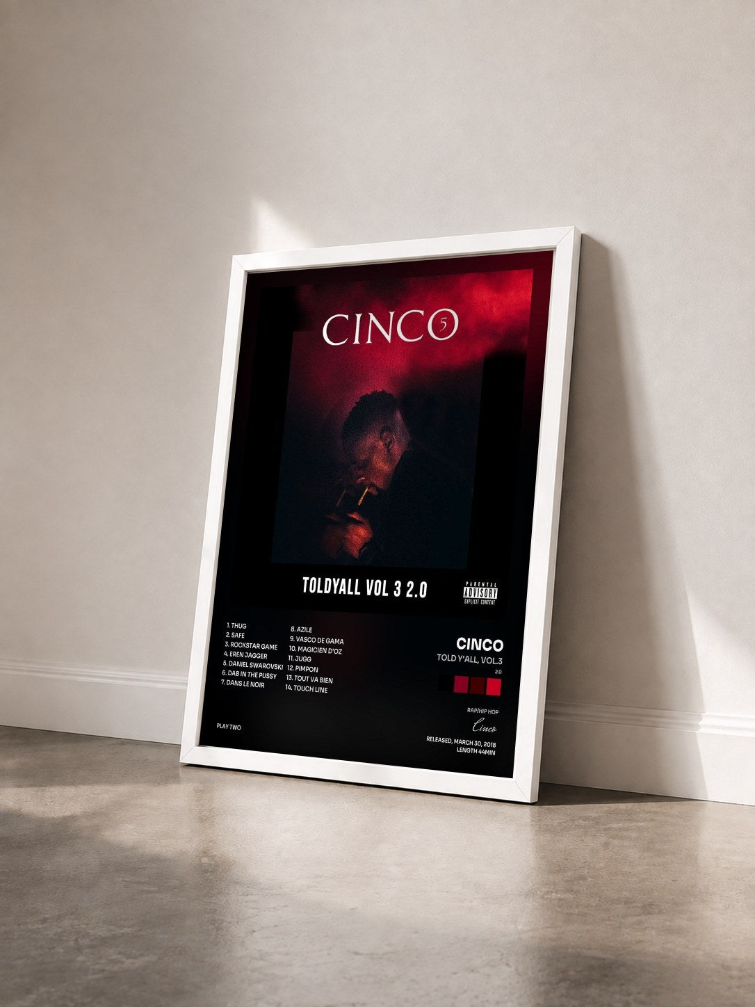 #blanc Tableau de l'album Told Y'all, Vol.3 (2.0) de Cinco vu de trois quarts, cadre blanc